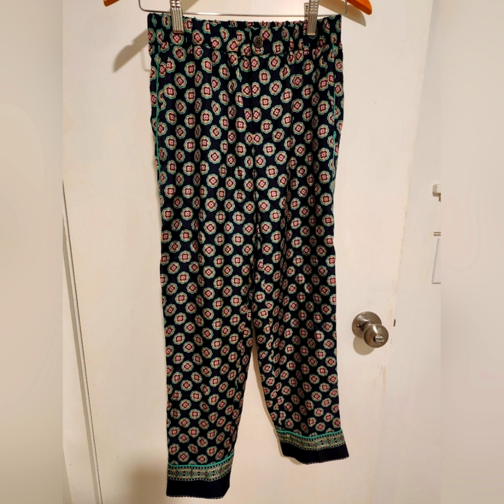 Silk J. Crew Black and Green Geometric Women's Cropped Pants